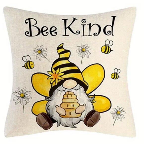 NEW "BEE KIND" GNOME DAISIES BEES POLYESTER DECORATIVE PILLOW COVER DECOR 17.7" - Picture 1 of 3
